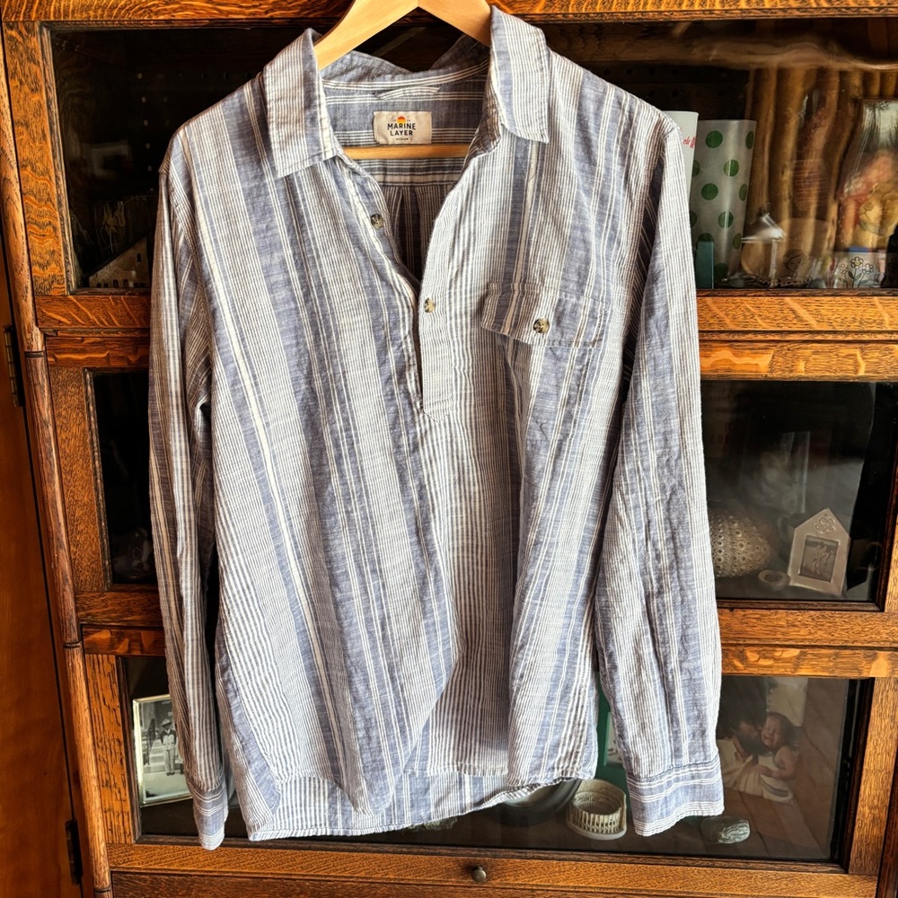 Marine Layer Blue and White cotton Casual Button Down Shirt